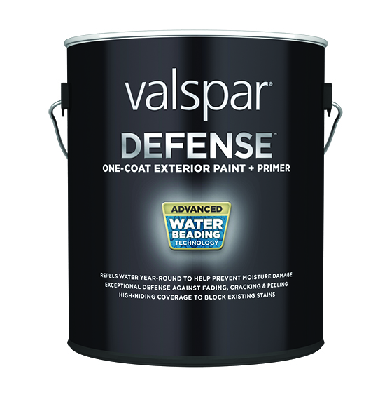 Can with Valspar logo and name of product with a badge in the middle and description of the product below it.