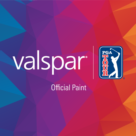 Valspar logo next to the PGA tour logo against an angular, multi-colored background.
