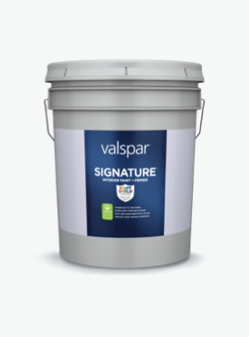 Five-gallon can of Valspar Signature Interior Paint & Primer; blue label with ScuffShield logo.