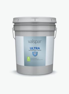 Five-gallon can of Valspar Ultra Interior Paint & Primer; silver blue label.